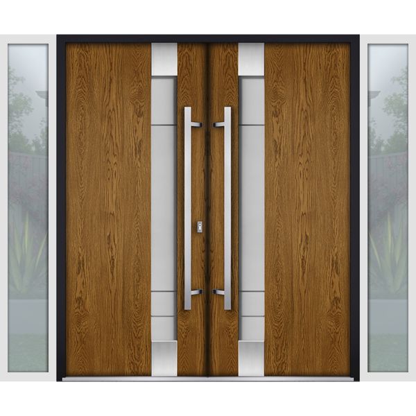 Front Exterior Prehung Steel Double Doors / Deux 1713 Natural Oak / 2 White Sidelight Exterior Windows / Stainless Inserts Double Modern Painted-Right Hand-W16+72+16" x H80"