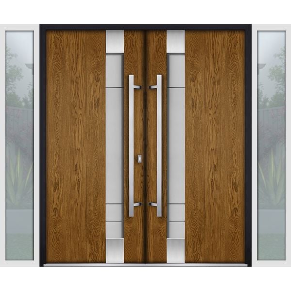 Front Exterior Prehung Steel Double Doors / Deux 1713 Natural Oak / 2 White Sidelight Exterior Windows / Stainless Inserts Double Modern Painted-Left Hand-W14+72+14" x H80"