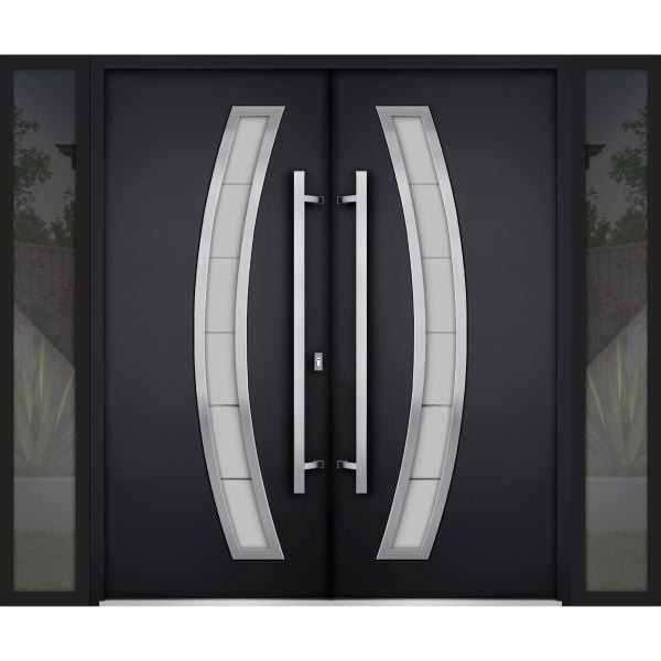 Front Exterior Prehung Steel Double Doors / Deux 6500 Black / 2 Sidelight Exterior Windows / Stainless Inserts Single Modern Painted-W16+72+16" x H80"