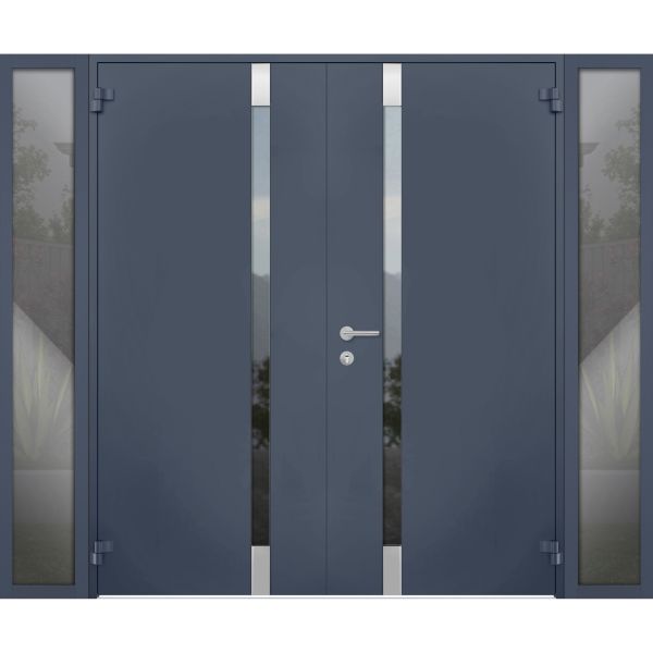 Front Exterior Prehung Steel Double Doors / Cynex 6777 Grey / 2 Sidelight Exterior Windows / Stainless Inserts Single Modern Painted-W16+72+16" x H80"-Right-hand Outswing