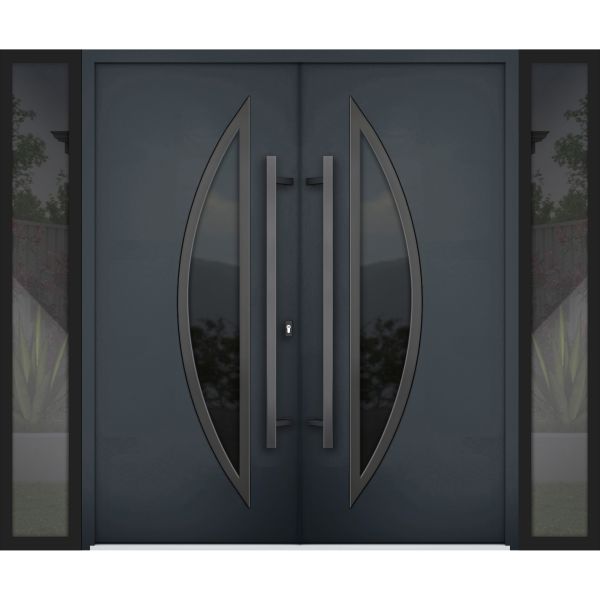Front Exterior Prehung Steel Double Doors / Deux 6501 Anthracite / 2 Sidelight Exterior Windows / Stainless Inserts Single Modern Painted-W12+72+12" x H80"