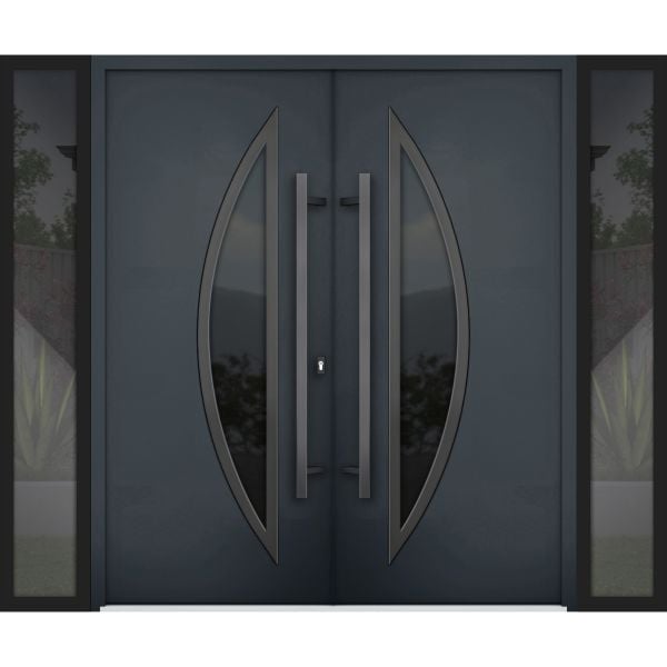 Front Exterior Prehung Steel Double Doors / Deux 6501 Anthracite / 2 Sidelight Exterior Windows / Stainless Inserts Single Modern Painted-W16+72+16" x H80"