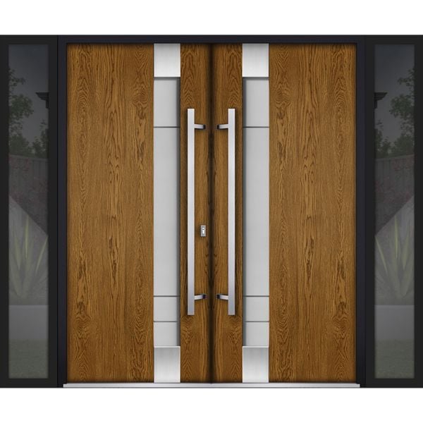 Front Exterior Prehung Steel Double Doors / Deux 1713 Natural Oak / 2 Black Sidelight Exterior Windows / Stainless Inserts Single Modern Painted-W16+72+16" x H80"