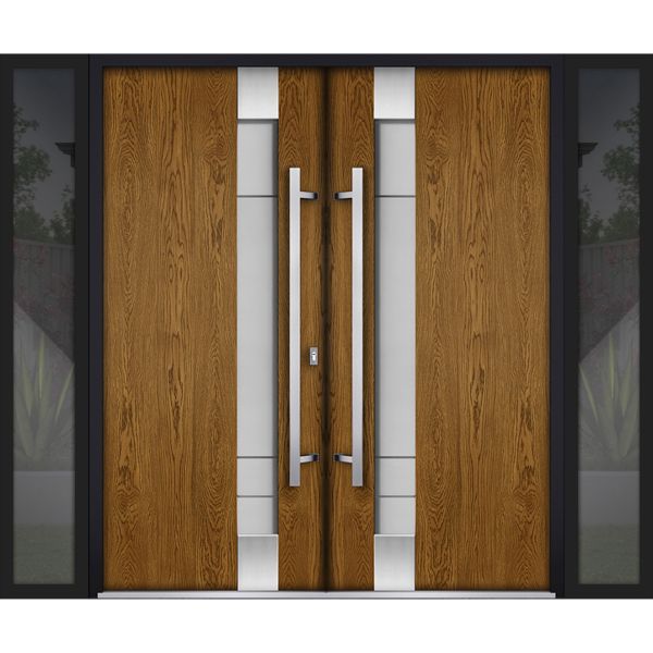 Front Exterior Prehung Steel Double Doors / Deux 1713 Natural Oak / 2 Sidelight Exterior Black Windows / Stainless Inserts Single Modern Painted-W12+72+12" x H80"