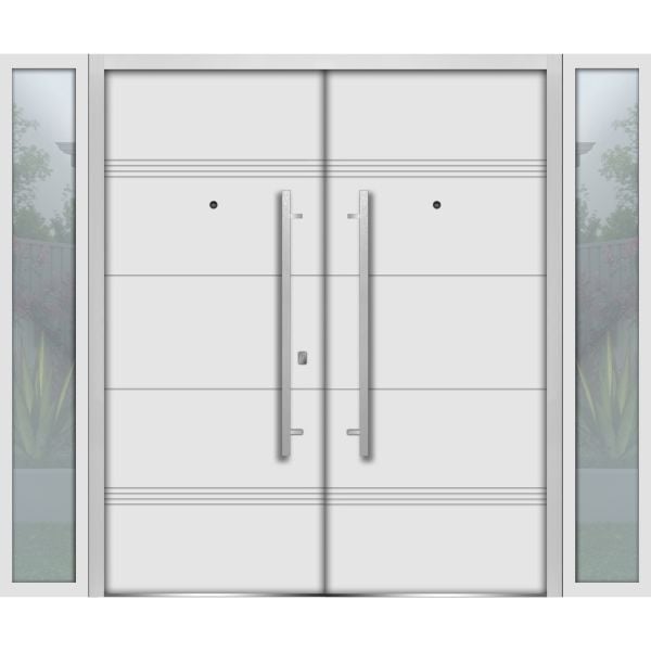 Front Exterior Prehung Steel Double Doors / Deux 1705 White Enamel / 2 Sidelight Exterior Black Windows / Stainless Inserts Single Modern Painted-W16+72+16" x H80"