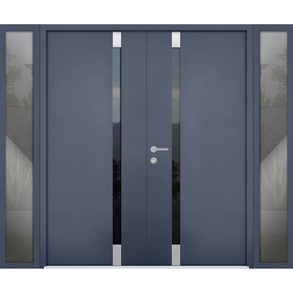 Front Exterior Prehung Steel Double Doors / Cynex 6777 Grey / 2 Sidelight Exterior Windows / Stainless Inserts Single Modern Painted-W16+72+16" x H80"-Left-hand Inswing