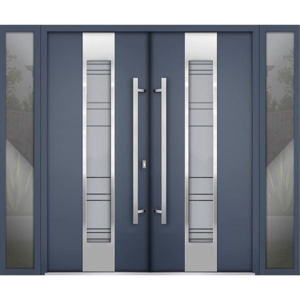 Front Exterior Prehung Steel Double Doors / Deux 0757 Gray Graphite / 2 Sidelight Exterior Windows / Stainless Inserts Single Modern Painted-W16+72+16" x H80"