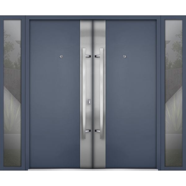Front Exterior Prehung Steel Double Doors / Deux 0729 Gray Graphite / 2 Sidelight Exterior Windows / Stainless Inserts Single Modern Painted-W16+72+16" x H80"