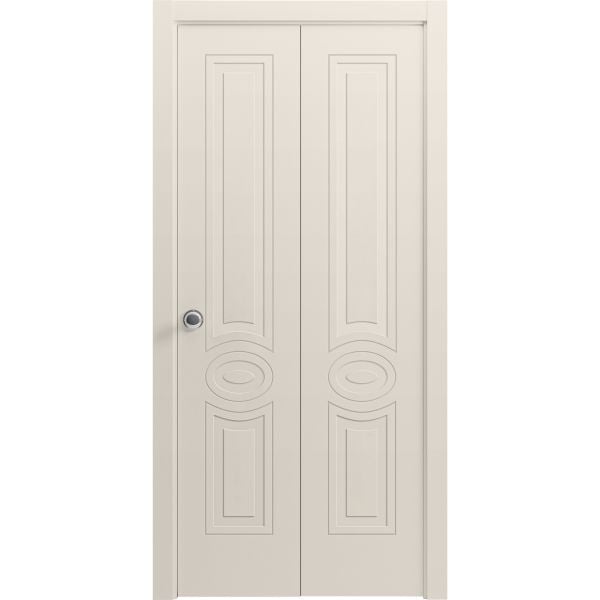 Sliding Closet Bi-fold Doors 36 x 80 inches | Mela 7001 Painted Creamy | Sturdy Tracks Moldings Trims Hardware Set | Wood Solid Bedroom Wardrobe Doors