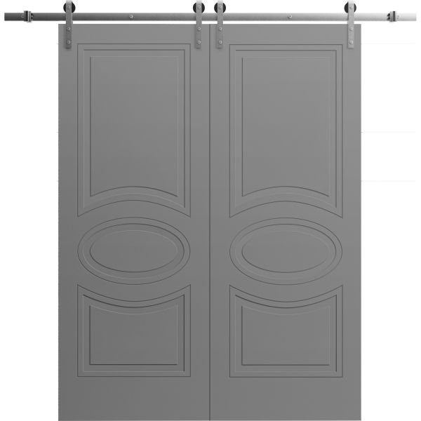 Modern Double Barn Door 56" x 96" inches / Mela 7001 Painted Grey / 13FT Silver Rail Track Set / Solid Panel Interior Doors