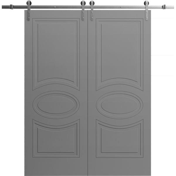 Modern Double Barn Door 36" x 80" inches / Mela 7001 Painted Grey / 13FT Silver Rail Track Set / Solid Panel Interior Doors