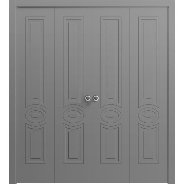 Sliding Closet Double Bi-fold Doors 72 x 80 inches | Mela 7001 Painted Grey | Sturdy Tracks Moldings Trims Hardware Set | Wood Solid Bedroom Wardrobe Doors