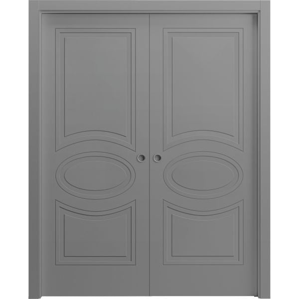 Sliding French Double Pocket Doors 36 x 80 inches / Mela 7001 Painted Grey / Kit Rail Hardware / MDF Interior Bedroom Modern Doors
