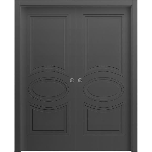 Sliding Closet Double Bi-fold Doors 72 x 80 inches | Mela 7001 Painted Black | Sturdy Tracks Moldings Trims Hardware Set | Wood Solid Bedroom Wardrobe Doors