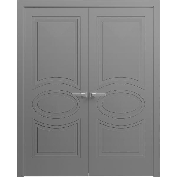 Interior Solid French Double Doors 36 x 80 inches / Mela 7001 Painted Grey / Wood Interior Solid Panel Frame / Closet Bedroom Modern Doors
