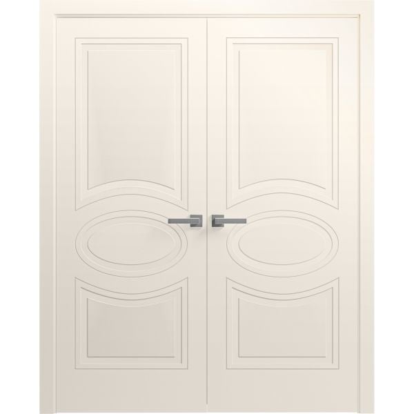 Interior Solid French Double Doors 36 x 80 inches / Mela 7001 Painted Creamy / Wood Interior Solid Panel Frame / Closet Bedroom Modern Doors