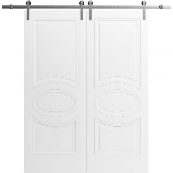 Modern Double Barn Door / Mela 7001 Matte White / Stainless Steel 13FT Rail Track Set / Solid Panel Interior Doors