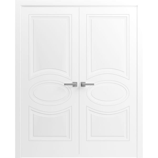 Solid French Double Doors / Mela 7001 Matte White / Wood Solid Panel Frame / Closet Bedroom Modern Doors 