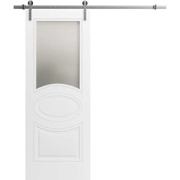 Modern Barn Door with Hardware / Mela 7012 Matte White with Frosted Glass / Stainless Steel 6.6FT Rail Track Set / Solid Panel Interior Doors