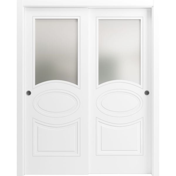 Sliding Closet Opaque Glass Bypass Doors 36 x 80 inches / Mela 7012 Matte White / Rails Hardware Set / Wood Solid Bedroom Wardrobe Doors 