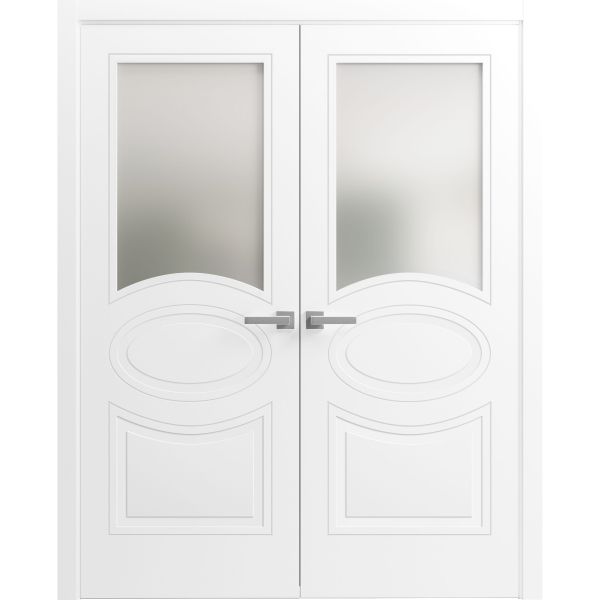 Solid French Double Doors / Mela 7012 Matte White with Frosted Glass / Wood Solid Panel Frame / Closet Bedroom Modern Doors 