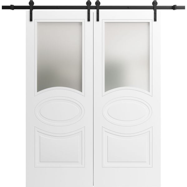Modern Double Barn Door / Mela 7012 Matte White with Frosted Glass / 13FT Rail Track Set / Solid Panel Interior Doors