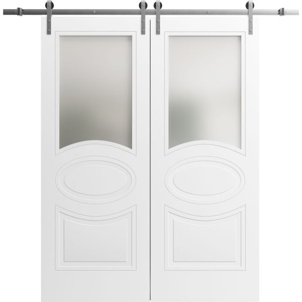 Modern Double Barn Door with Opaque Glass / Mela 7012 Matte White / Stainless Steel 13FT Rail Track Set / Solid Panel Interior Doors