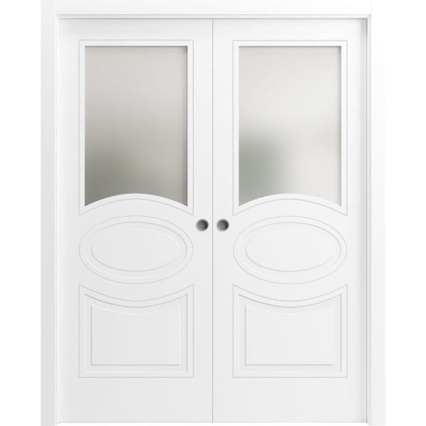 Sliding French Double Pocket Doors 36 x 80 inches Opaque Glass / Mela 7012 Matte White / Kit Rail Hardware / MDF Interior Bedroom Modern Doors
