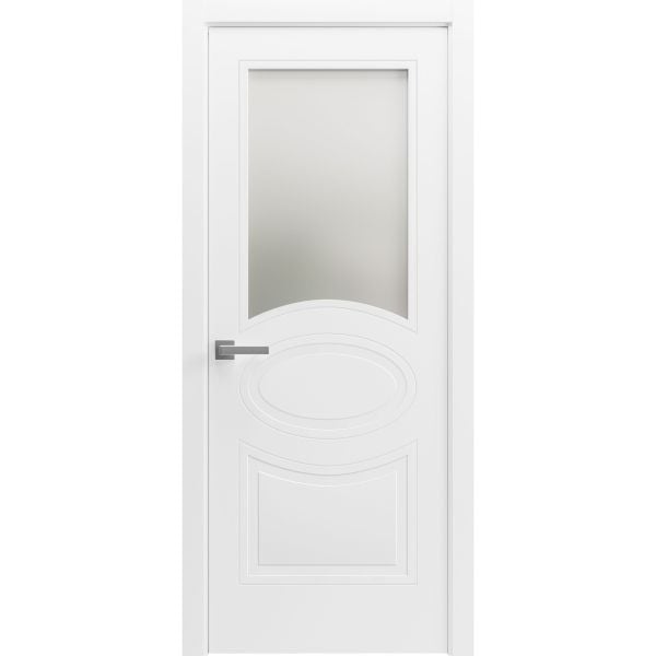 Solid French Door / Mela 7012 Matte White with Frosted Glass / Single Regular Panel Frame Handle / Bathroom Bedroom Modern Doors 