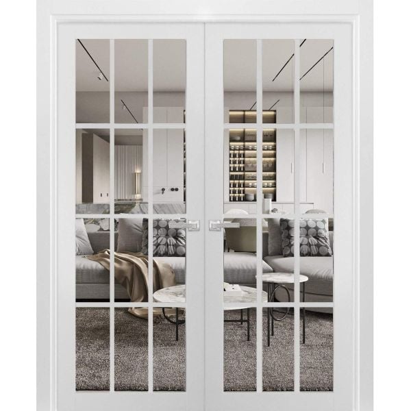 Solid French Double Doors 12 Lites | Felicia 3355 White Silk with Clear Glass | Single Regural Panel Frame Trims | Bathroom Bedroom Sturdy Doors 