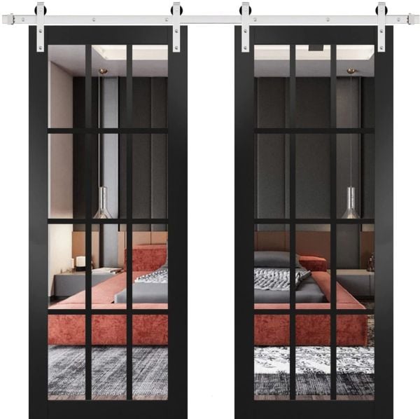 Sturdy Double Barn Door with | Felicia 3355 Matte Black with Clear Glass | Silver 13FT Rail Hangers Heavy Set | Solid Panel Interior Doors