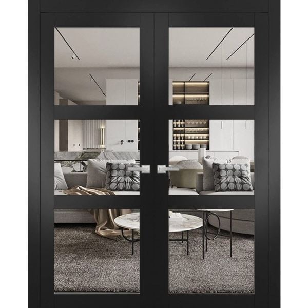 Solid French Double Doors | Lucia 2555 Matte Black with Clear Glass | Wood Solid Panel Frame Trims | Closet Bedroom Sturdy Doors -36" x 80" (2* 18x80)-Clear Glass-Butterfly