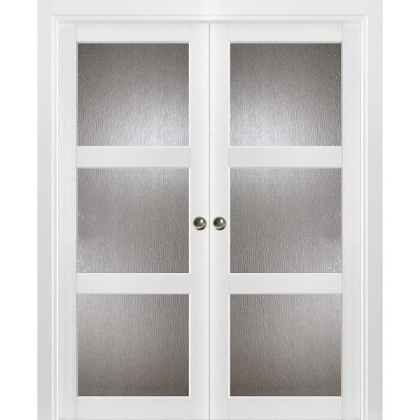 Sliding French Double Pocket Doors | Lucia 2588 White Silk with Rain Glass | Kit Trims Rail Hardware | Solid Wood Interior Bedroom Sturdy Doors -36" x 80" (2* 18x80)-Rain Glass