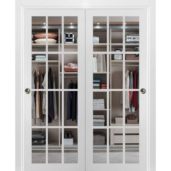 Sliding Closet 12 Lites Bypass Doors Clear Glass| Felicia 3355 White Silk | Sturdy Rails Moldings Trims Hardware Set | Wood Solid Bedroom Wardrobe Doors 
