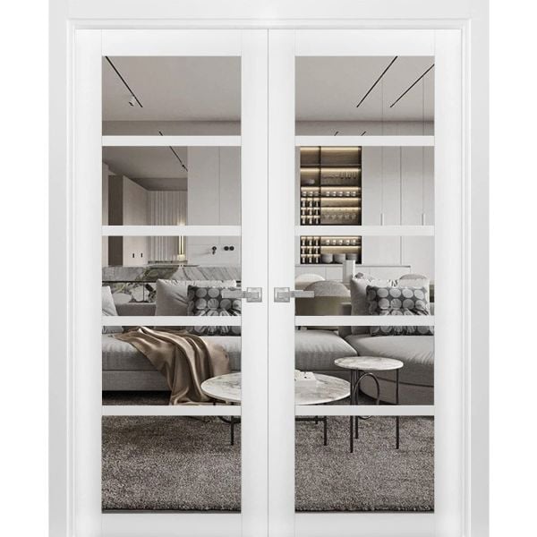 Solid French Double Doors | Quadro 4522 White Silk with Clear Glass | Wood Solid Panel Frame Trims | Closet Bedroom Sturdy Doors-36" x 80" (2* 18x80)-Butterfly-Clear Glass