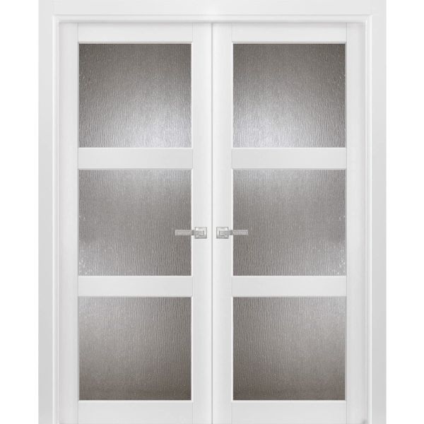 Solid French Double Doors | Lucia 2588 White Silk with Rain Glass | Wood Solid Panel Frame Trims | Closet Bedroom Sturdy Doors