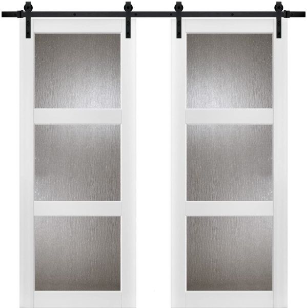 Sturdy Double Barn Door with | Lucia 2588 White Silk with Rain Glass | 13FT Rail Hangers Heavy Set | Solid Panel Interior Doors -36" x 80" (2* 18x80)-Rain Glass-Black Rail