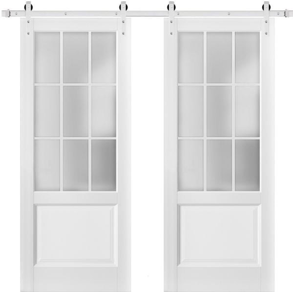 Sturdy Double Barn Door with | Felicia 3309 White Silk with Frosted Glass | Silver 13FT Rail Hangers Heavy Set | Solid Panel Interior Doors