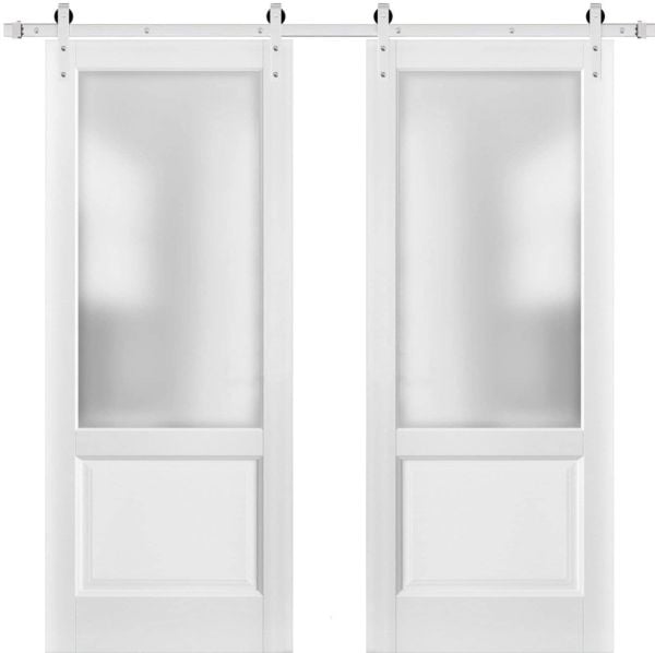 Sturdy Double Barn Door with | Lucia 22 White Silk with Frosted Glass | Silver 13FT Rail Hangers Heavy Set | Solid Panel Interior Doors