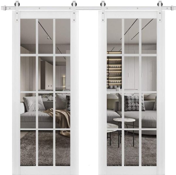 Sturdy Double Barn Door with Clear Glass 12 lites | Felicia 3355 Matte White | Silver 13FT Rail Hangers Heavy Set | Solid Panel Interior Doors