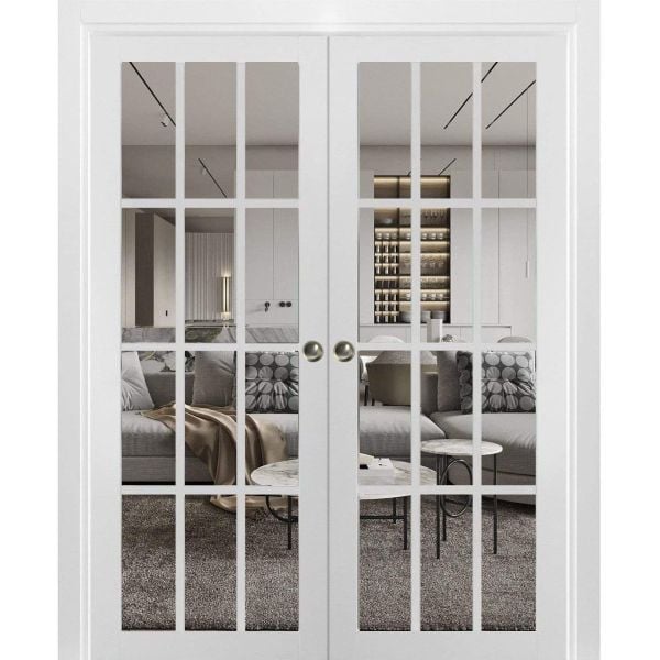 Sliding French Double Pocket Doors Clear Glass 12 Lites | Felicia 3355 White Matte | Kit Trims Rail Hardware | Solid Wood Interior Bedroom Sturdy Doors 