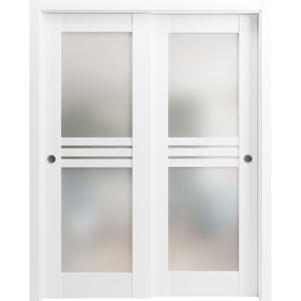 Sliding Closet Opaque Glass 4 Lites Bypass Doors 36 x 80 inches / Mela 7222 White Silk / Rails Hardware Set / Wood Solid Bedroom Wardrobe Doors 