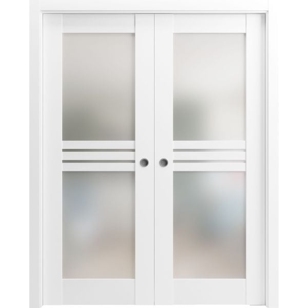 Sliding French Double Pocket Doors 36 x 80 inches Opaque Glass 4 Lites / Mela 7222 White Silk / Kit Rail Hardware / MDF Interior Bedroom Modern Doors
