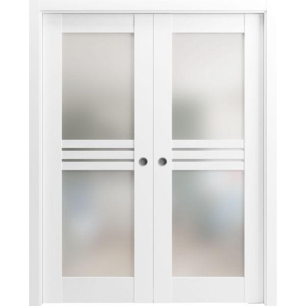 Sliding French Double Pocket Doors 72 x 84 inches Opaque Glass 4 Lites / Mela 7222 White Silk / Kit Rail Hardware / MDF Interior Bedroom Modern Doors