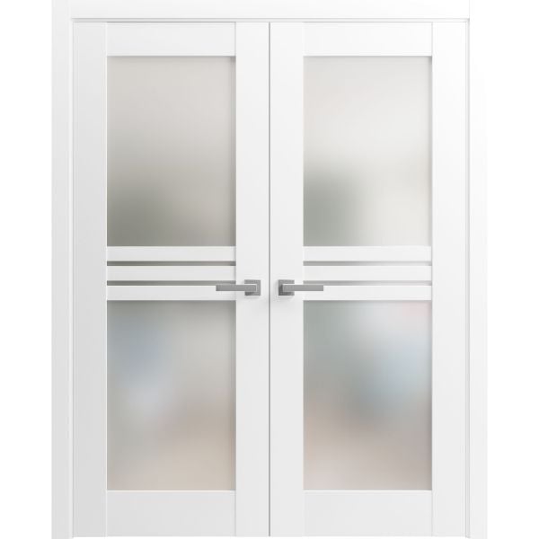 Solid French Double Doors Opaque Glass 4 Lites / Mela 7222 White Silk / Wood Solid Panel Frame / Closet Bedroom Modern Doors 