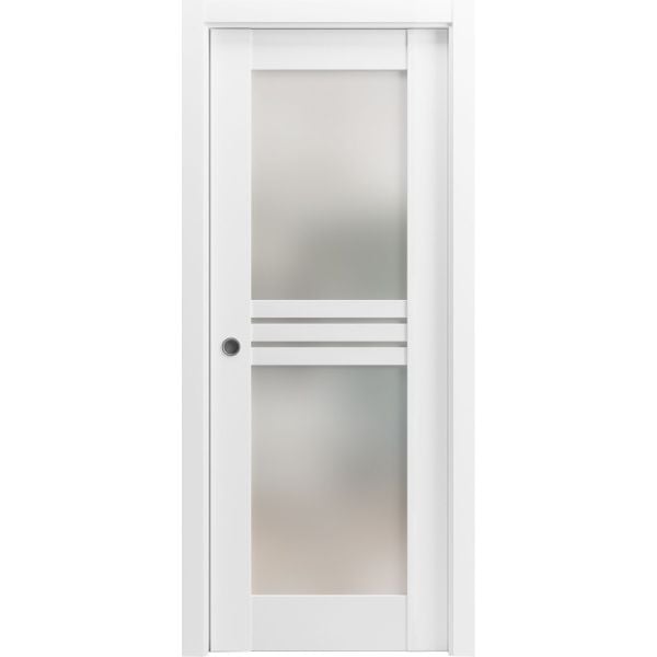 Sliding Pocket Door 42 x 96 inches with Opaque Glass 4 Lites / Mela 7222 White Silk / Kit Rail Hardware / MDF Interior Bedroom Modern Doors