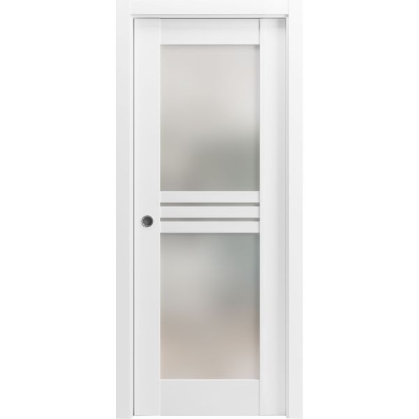 Sliding Pocket Door 42 x 80 inches with Opaque Glass 4 Lites / Mela 7222 White Silk / Kit Rail Hardware / MDF Interior Bedroom Modern Doors