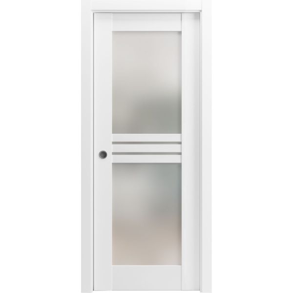 Sliding Pocket Door 28 x 96 inches with Opaque Glass 4 Lites / Mela 7222 White Silk / Kit Rail Hardware / MDF Interior Bedroom Modern Doors