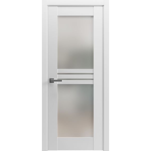 Solid French Door 4 Lites / Mela 7222 White Silk with Frosted Glass / Single Regular Panel Frame Handle / Bathroom Bedroom Modern Doors 