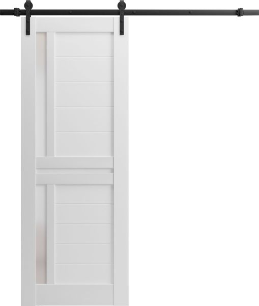 Sturdy Barn Door Frosted Glass | Veregio 7288 White Silk | 6.6FT Rail Hangers Heavy Hardware Set | Solid Panel Interior Doors-18" x 80"-Black Rail
